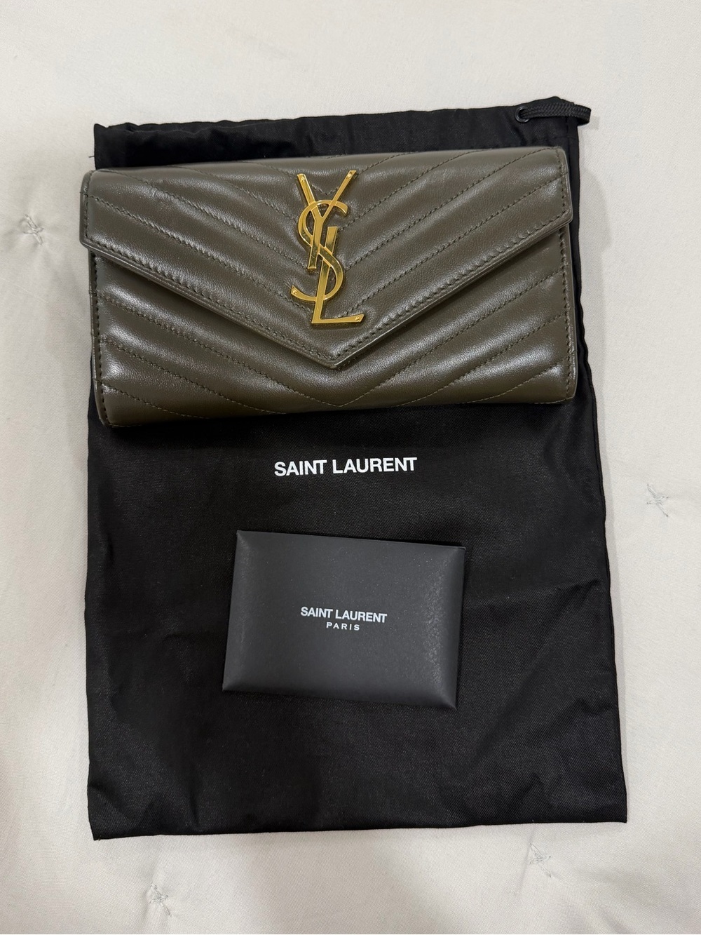 Saint Laurent Olive Quilted Leather Wallet with Gold YSL Logo